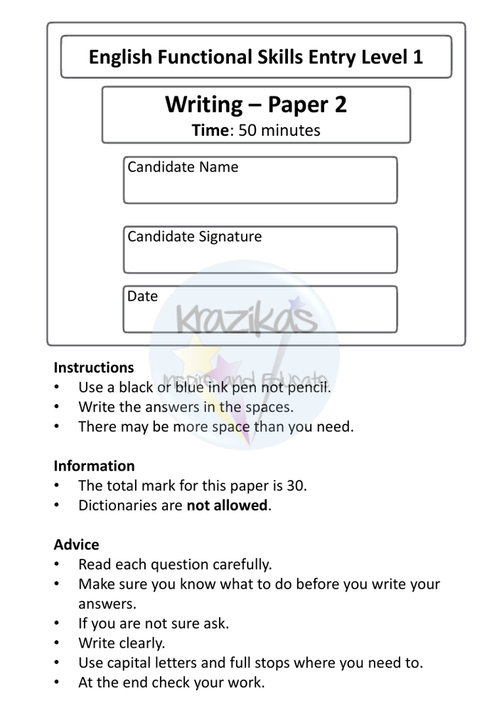 Functional Skills - English - Entry Level 1 - Writing Practice Papers ...