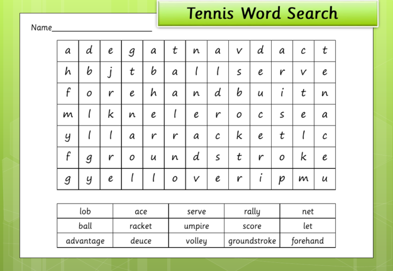 Tennis Word Search - Inspire And Educate! By Krazikas